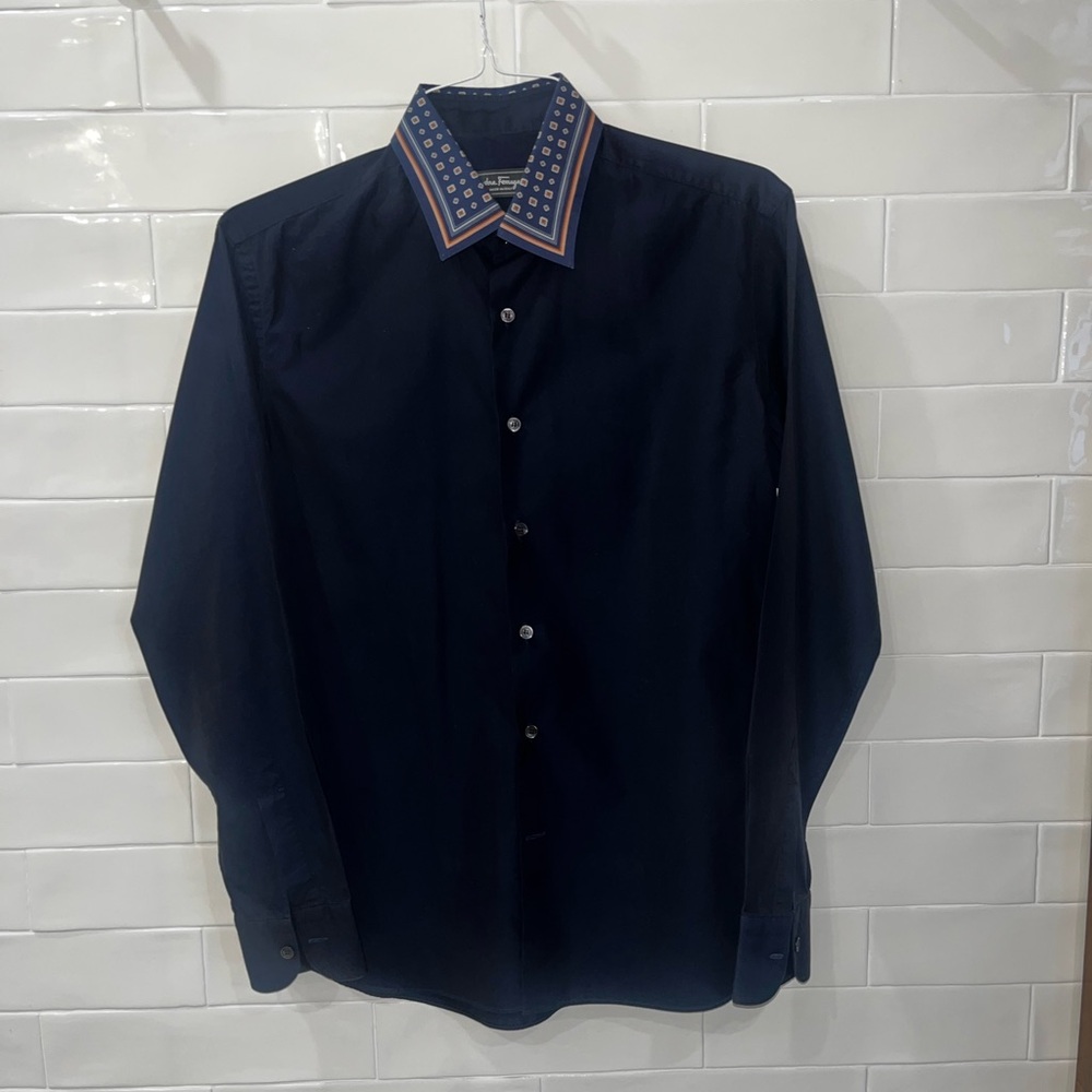 Salvatore Ferragamo Black Button Down Printed Collar in Blue/Orange/White Sz Med